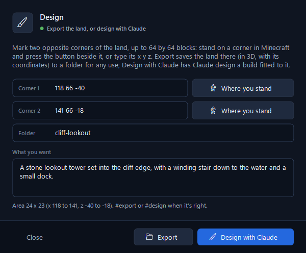 Blueprint's Design window: two corner positions, a folder name, and a request for a stone lookout tower set into a cliff edge with a winding stair down to a small dock.