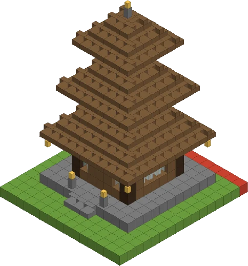 Pagoda: a three-tier wooden pagoda on a stone base with lanterns.