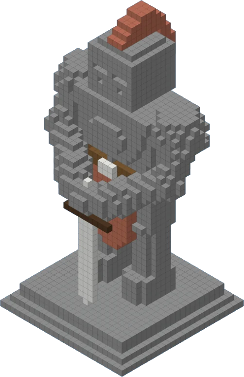 Sentinel: a tall stone knight statue holding a sword, on a stepped plinth.
